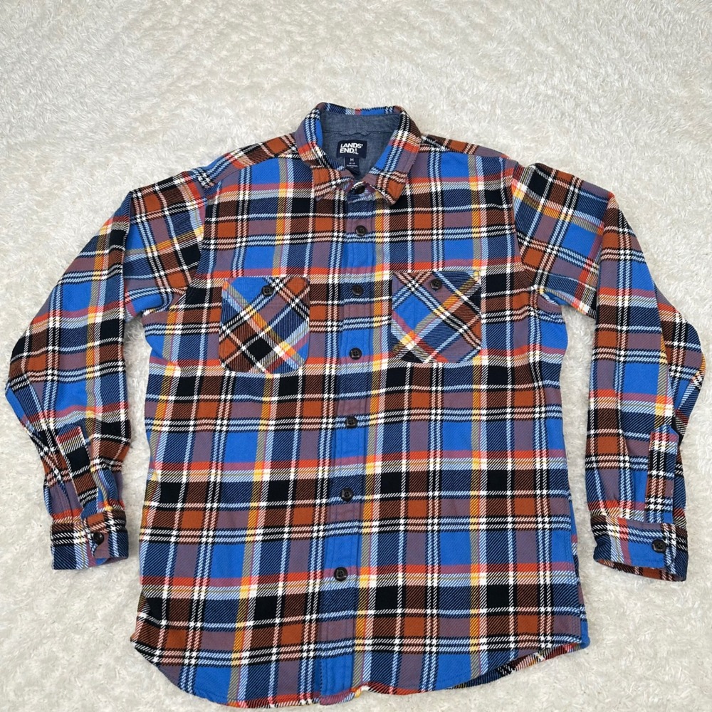 Lands End Men's M Medium 38-40 Traditional Fit LS Blue Plaid Shirt Flannel